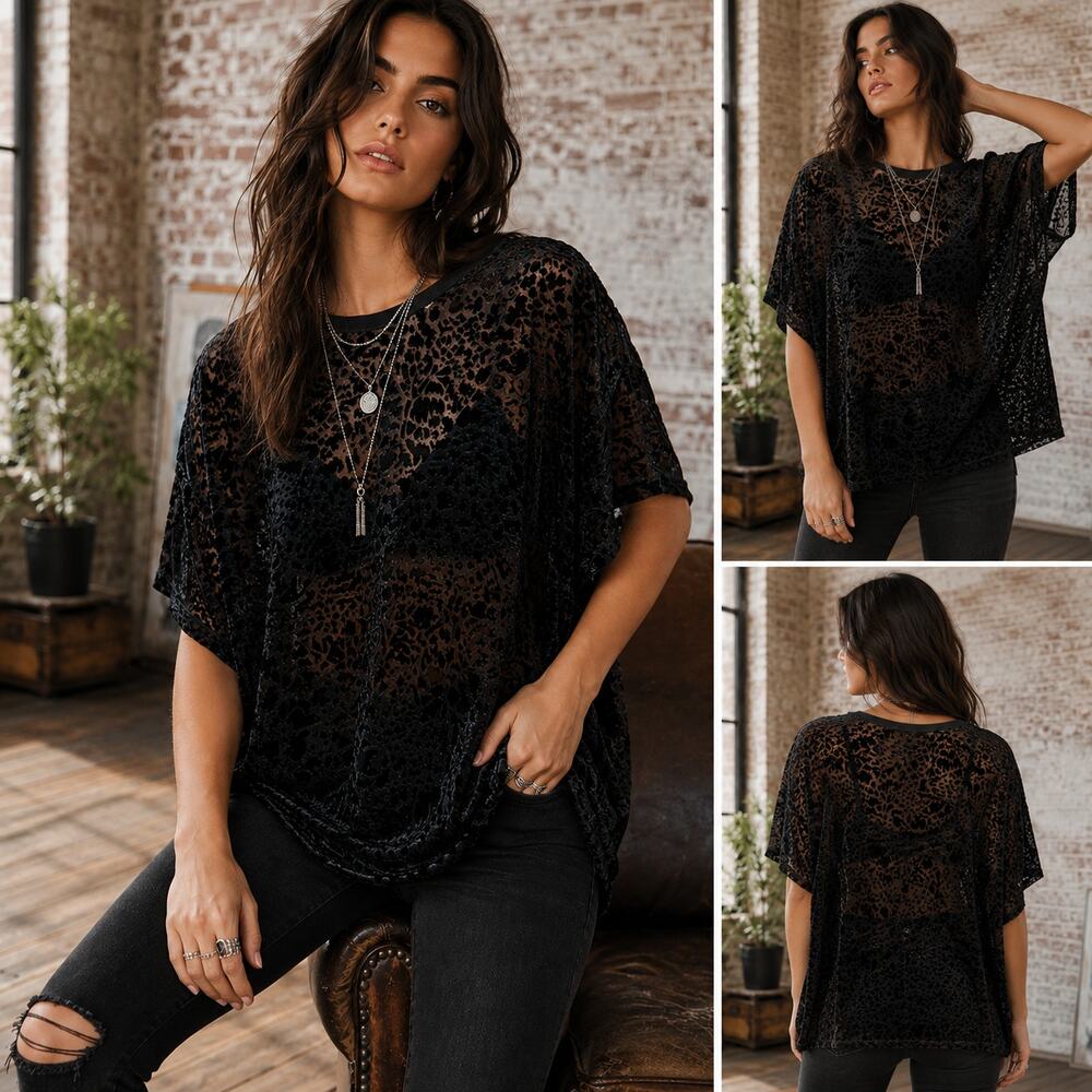 We The Free Teddy Top XL Black Velvet Burnout Semi Sheer Boho Blouse